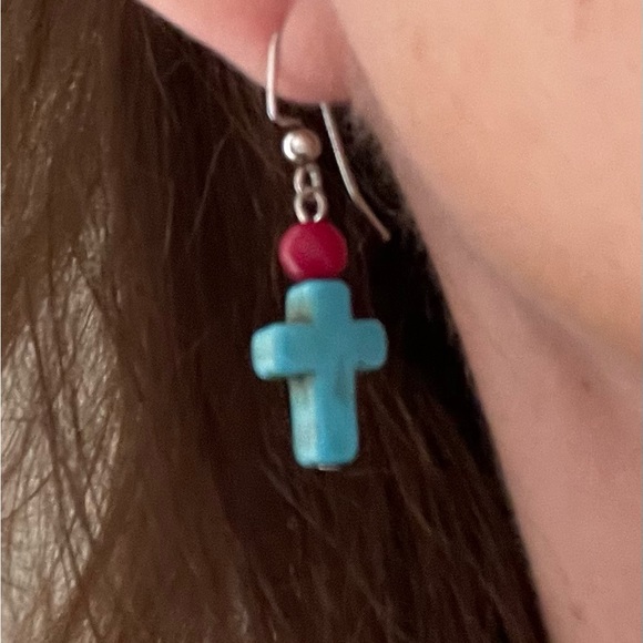 Faux Turquoise Cross Earrings - Picture 1 of 6
